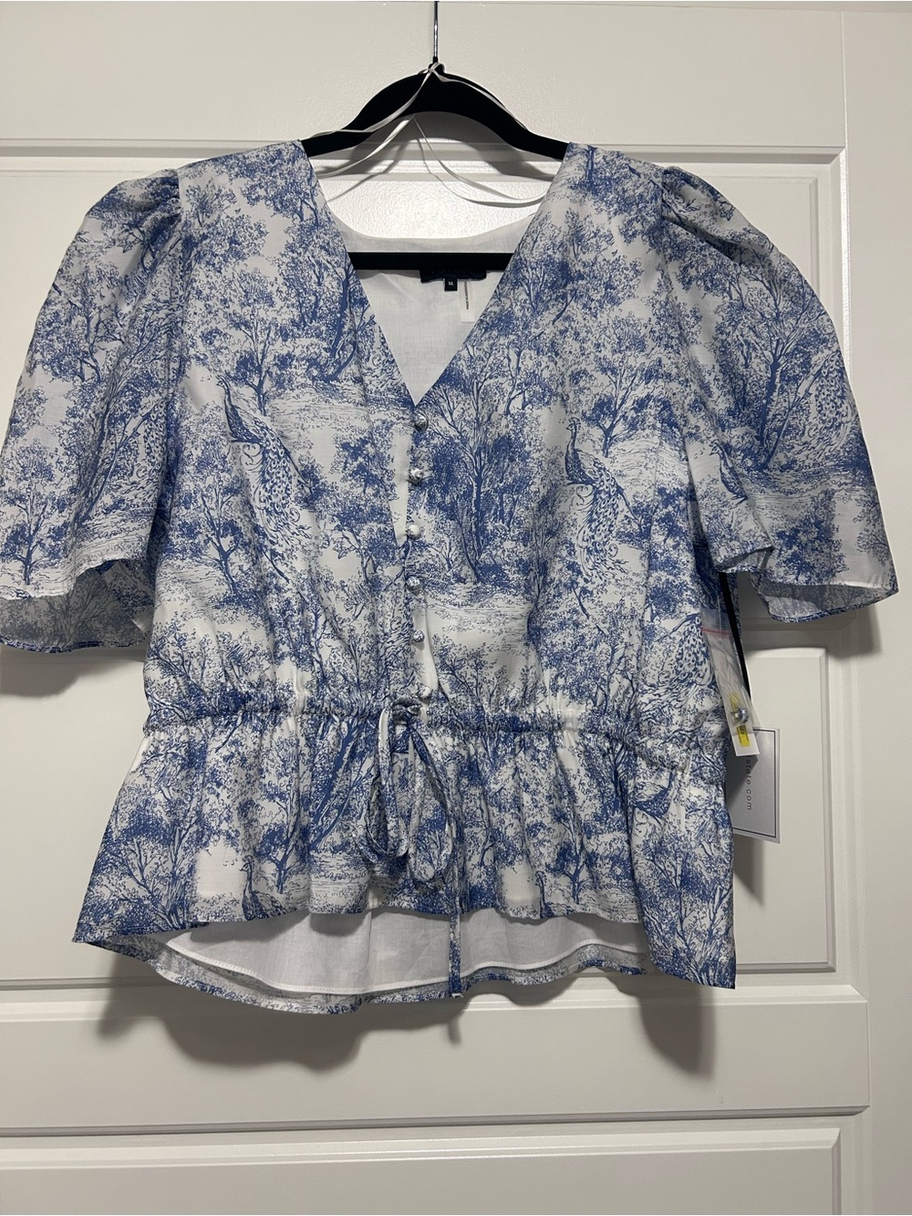 1 State Blue and White V-Neck Peplum Blouse